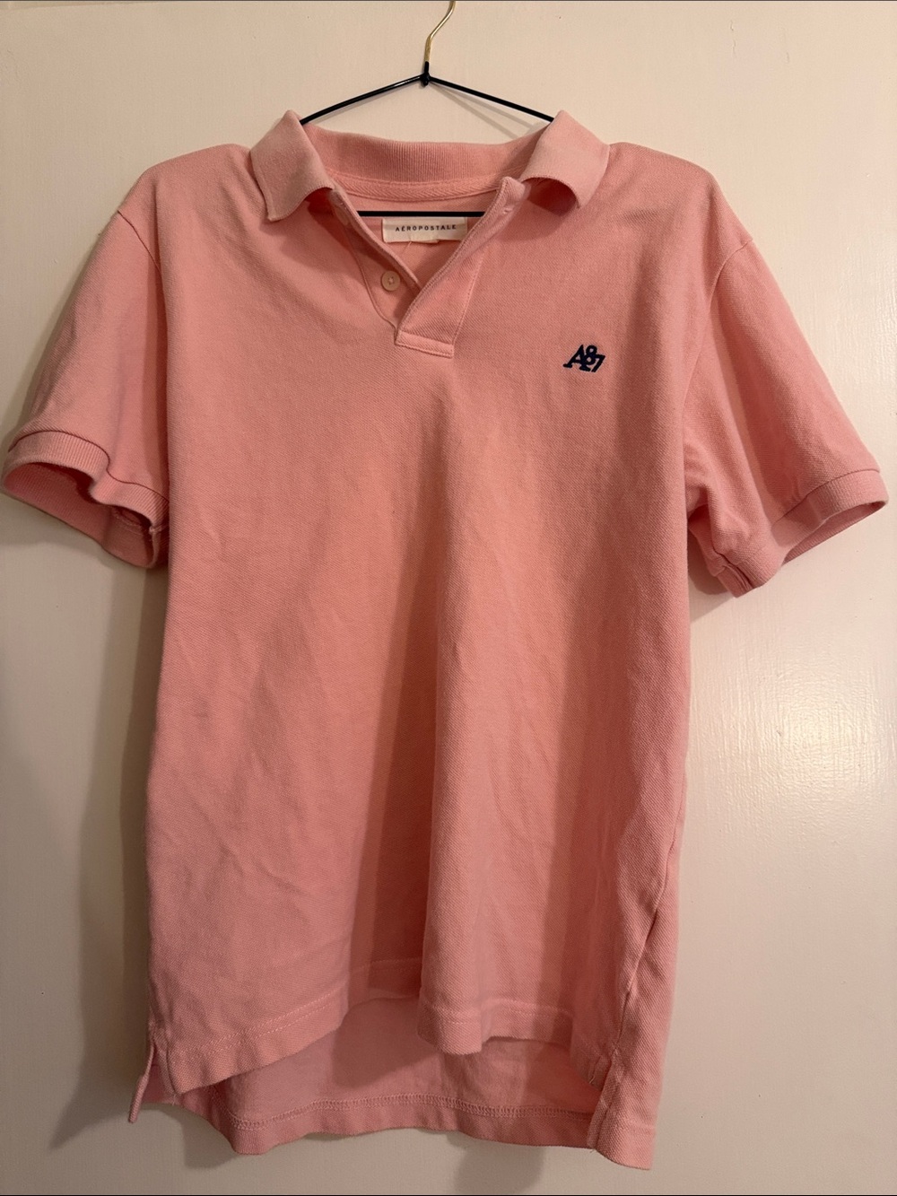 Aeropostale Men's Light Pink Polo with Navy Logo